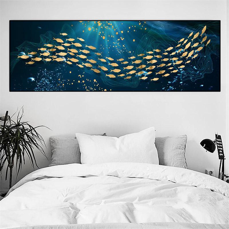 

Современное синее море, золотая рыбка, картина на холсте, настенные художественные постеры и принты, декоративные картины для гостиной, домашний декор, без рамки, без рамки 20*40cm