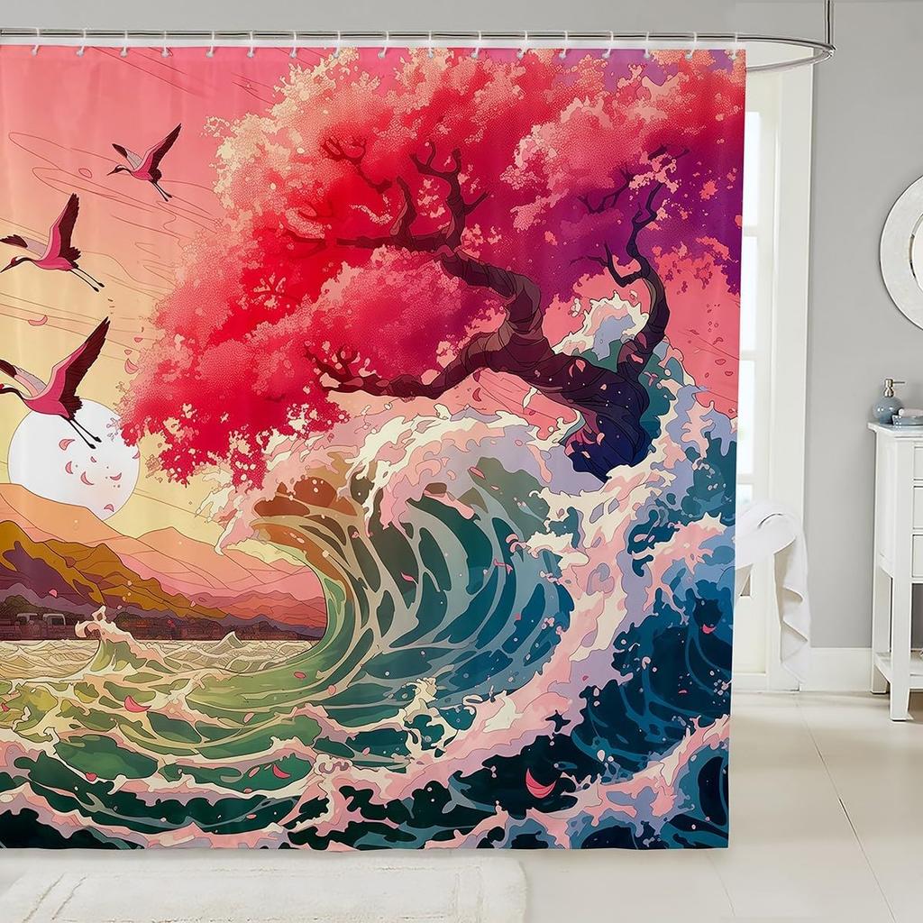 Erosebridal Dragon Bathroom Shower Curtain Sets Japanese Style Shower Curtain For Kids Boys Girls Ocean Wave Fabric Shower