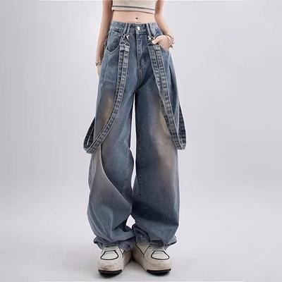 Korean Y2K High Waist Oversized Grunge Streetwear Jeans For Women Casual Baggy Pocket Pants Wide Leg Denim Trouser