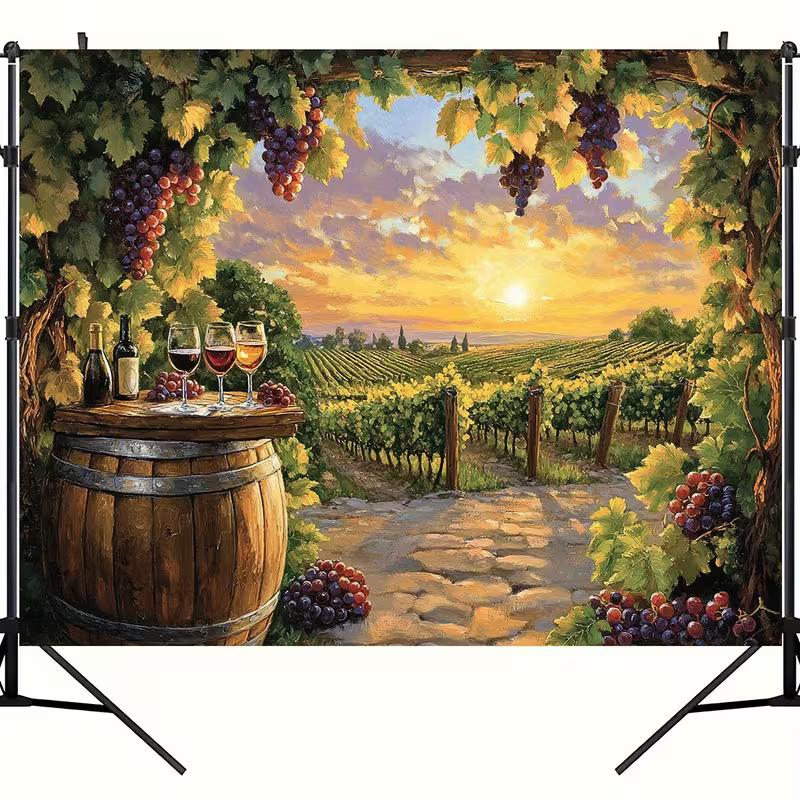 2D Wine Barrel & Grape Vine Photoshoot Backdrop for Party Decor
