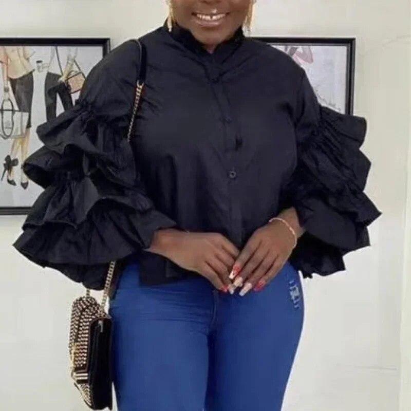 

Модная элегантная простая кружевная блузка с воротником-стойкой, женская офисная 2023, многослойная расклешенная рубашка с длинными рукавами и рюшами, свободные топы 30020 XL чёрный
