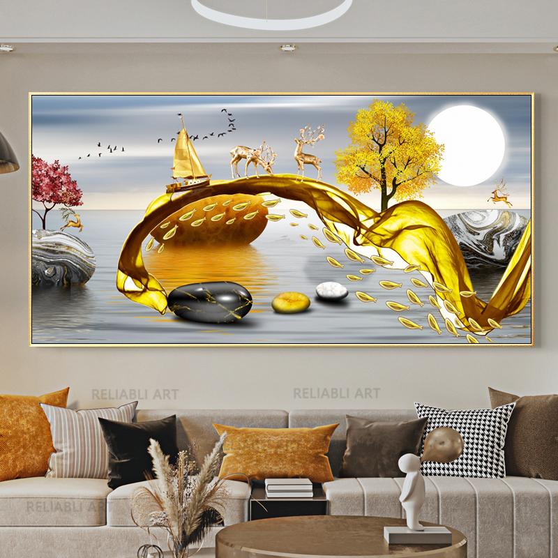 Chinese Feng Shui Golden Rich Tree Canvas Painting Wall Art Deer Landscape Lucky Stone Posters Wall Art for Living Room Decor