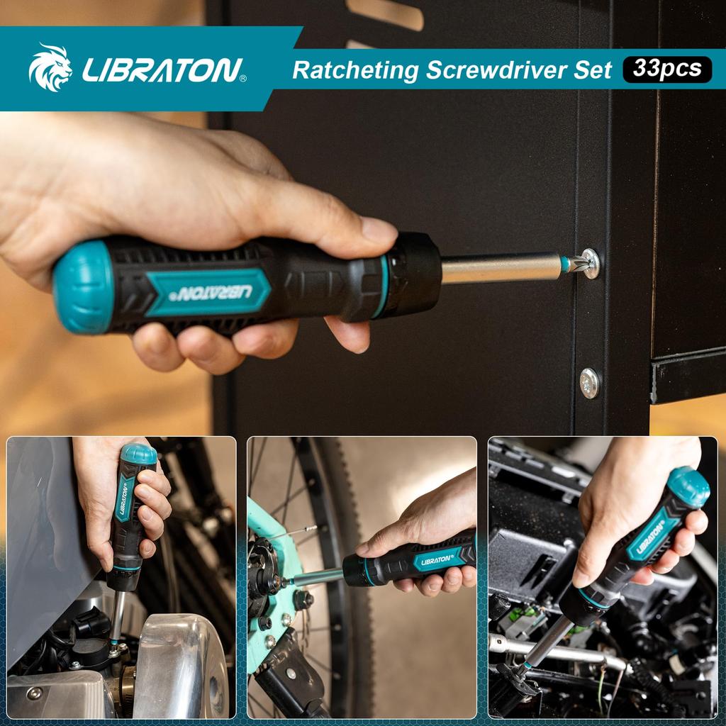 LIBRATON Magnetic Ratchet Driver Set with Interchangeable and Pozidriv Bits Set, 33-Piece Screwdrivers, Phillips, Flathead, Square, Hex, Torx,