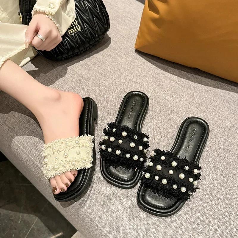 Fashion Summer 2024 Women Flat Pearl Sandals Fashion Open Toe Slides Dressy Casual Flip Flops Comfy Slip on Slippers Shoes for Women