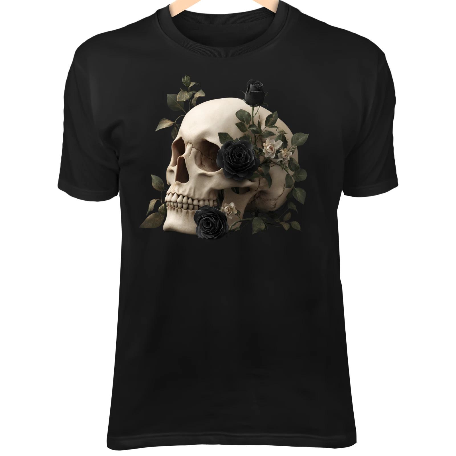 Skull with Black Roses II T-Shirt – Floral Decay, Dark Romantic Style S