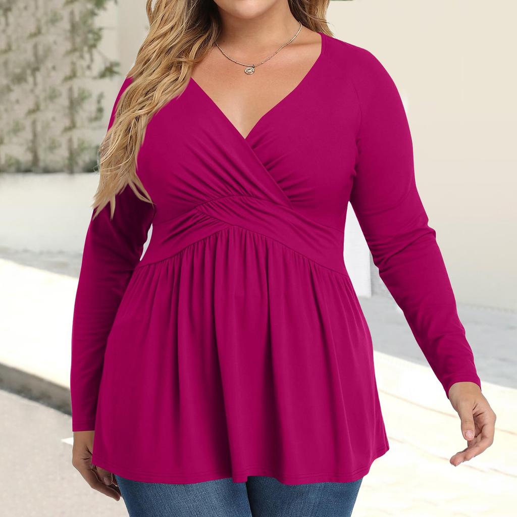 Women's Plus Size Shirt Long Sleeve Solid Color Top Pleated Casual V-Neck Top