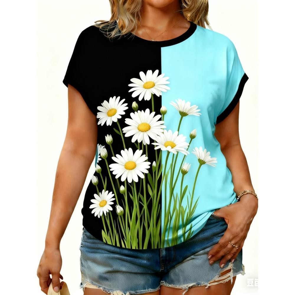 Tricouri de damă mărime mare XL-7XL Tricou de damă cu gât rotund, la modă, cu patchwork floral și imprimeu colorat, cu mânecă scurtă