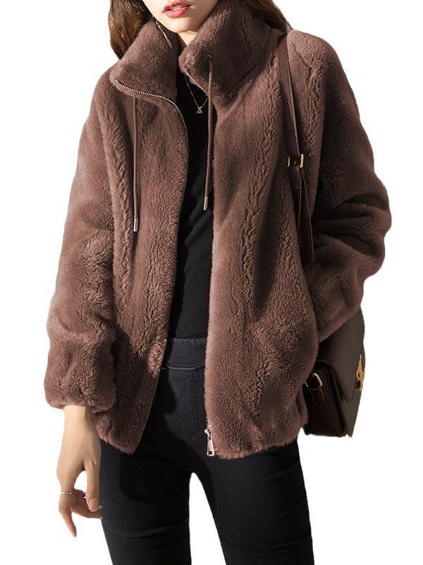European and American Women's Double-Sided Fleece Zipper Cardigan with Stand Collar - 2023 Autumn/Winter Collection.