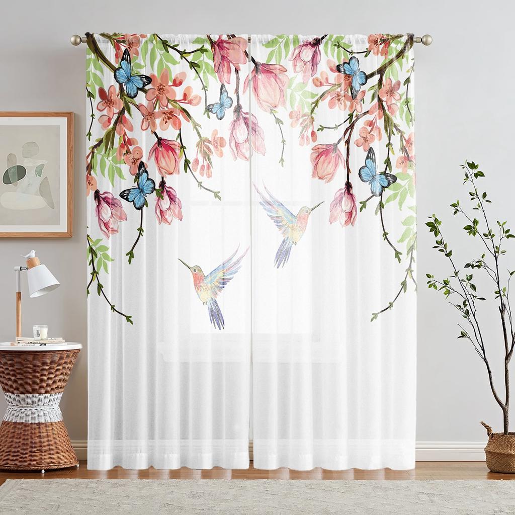 2 Pieces HD Digital Spring Hummingbird Floral Print Curtains Home Decorating Style Decorating Living Room Bedroom Rodding Curtai