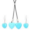 Turquoise Stone Heart Pendant Necklace Earring Set Charming Love Heart Shape Pendant Brown Leather Necklace Earrings Set