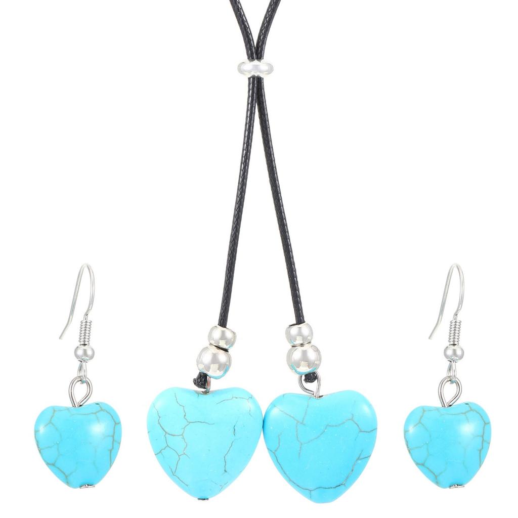 Turquoise Stone Heart Pendant Necklace Earring Set Charming Love Heart Shape Pendant Brown Leather Necklace Earrings Set