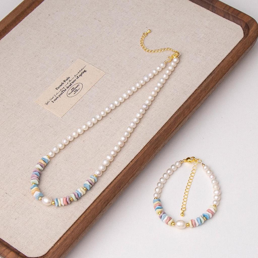 Rainbow Stone Pearl Necklace & Bracelet Set: High-End European Seaside Style for Women