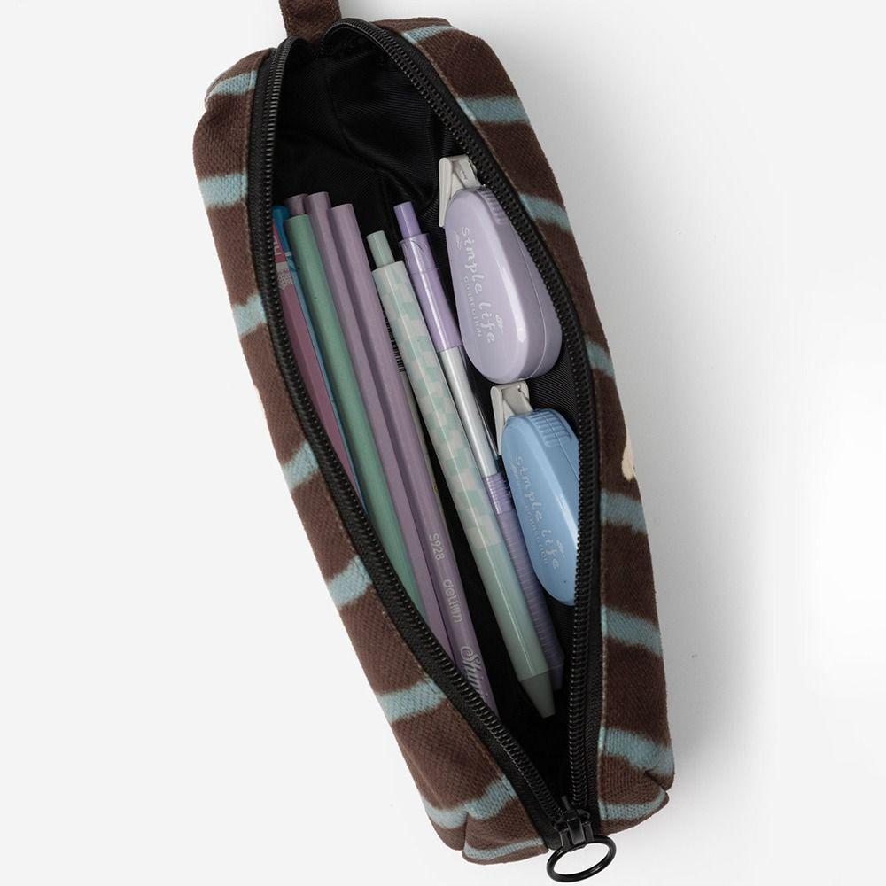 Striped Puppy Pattern Storage Bag Large Capacity Handheld Pencil Case Zipper Design Stationery Pouch School Office