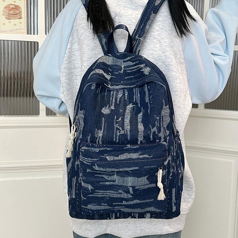 Denimryggsekk med stor kapasitet i collegestil, student-skolesekk, damereiseveske