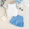 2PCS Girls Floral Applique Sleeveless Vest & Pleated Skirt Set, Casual Summer Two-Piece Outfit