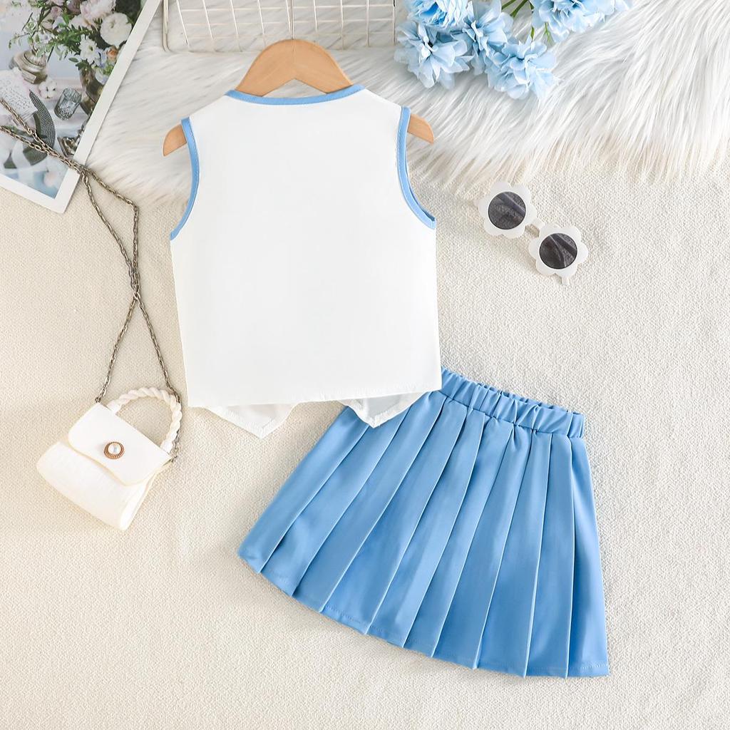 2PCS Girls Floral Applique Sleeveless Vest & Pleated Skirt Set, Casual Summer Two-Piece Outfit