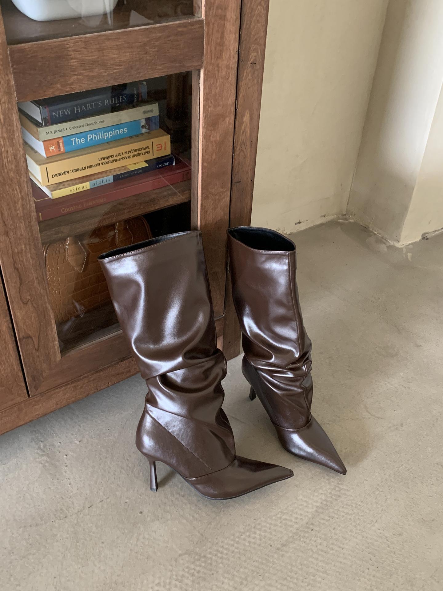 

Boots Women s long tube tall tube 2025 autumn and winter new soft leather high heel thin heel pointed fashion stacking boots 39 коричневий