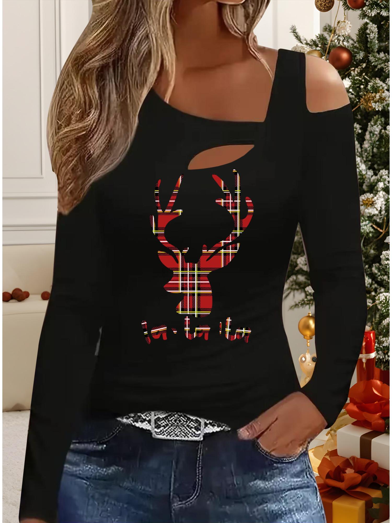 

Осень и Зима Женский Новый Повседневный Топ с Длинным Рукавом Рождественский Узор Идеальный Подарок на Хэллоуин Рождество Футболка S чёрный