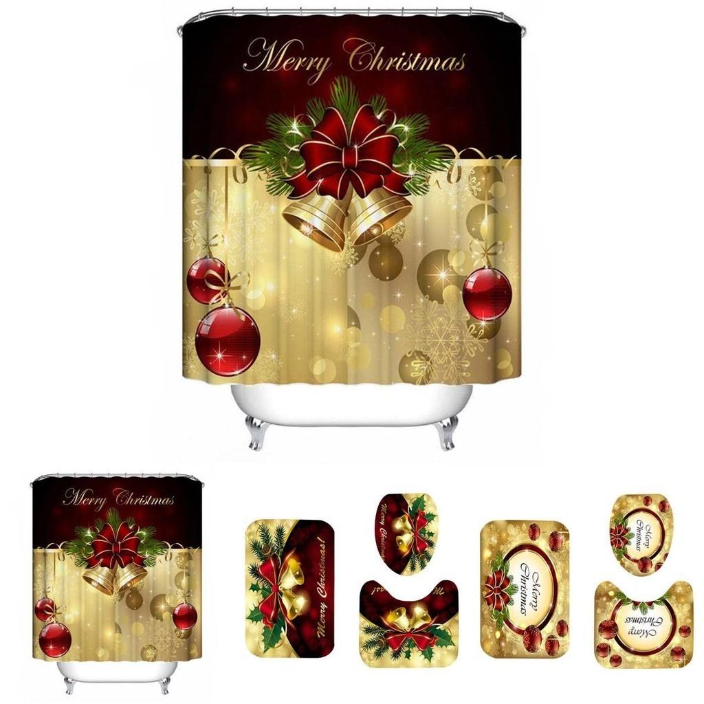 Luxurious Christmas Shower Curtain Toilet Seat Cover Mat Set For Festive Bathroom Decor