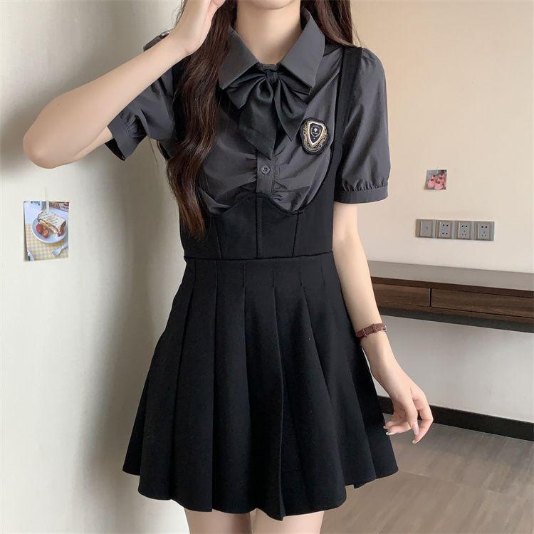 Plus Size Fishbone A-Line Strap Skirt and College Style Shirt Set - Slimming JK Design