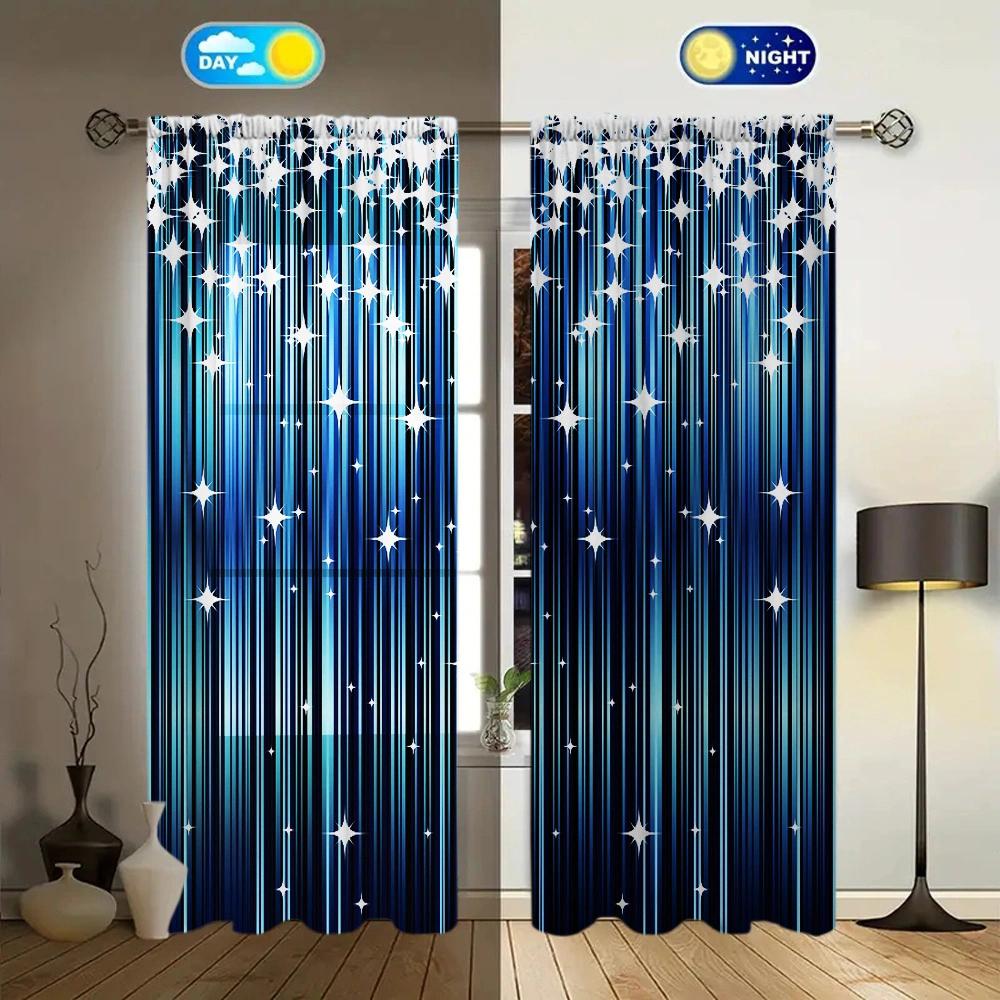 Shiny Gradient Blue Printed Curtain for Home Decor - Rod Pocket Window Treatment for Bedroom, Kitchen, Living Room