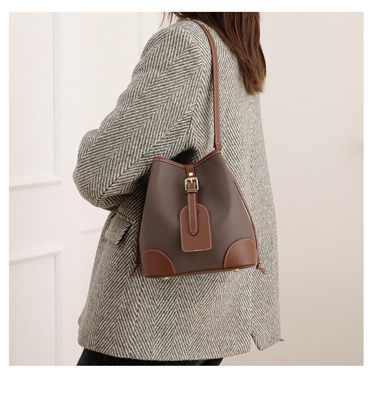 Сумка-ведро из натуральной кожи, подходящая по цвету, женские сумки, новая модная и универсальная женская сумка, сумка из натуральной кожи 20x13x21cm кофейный