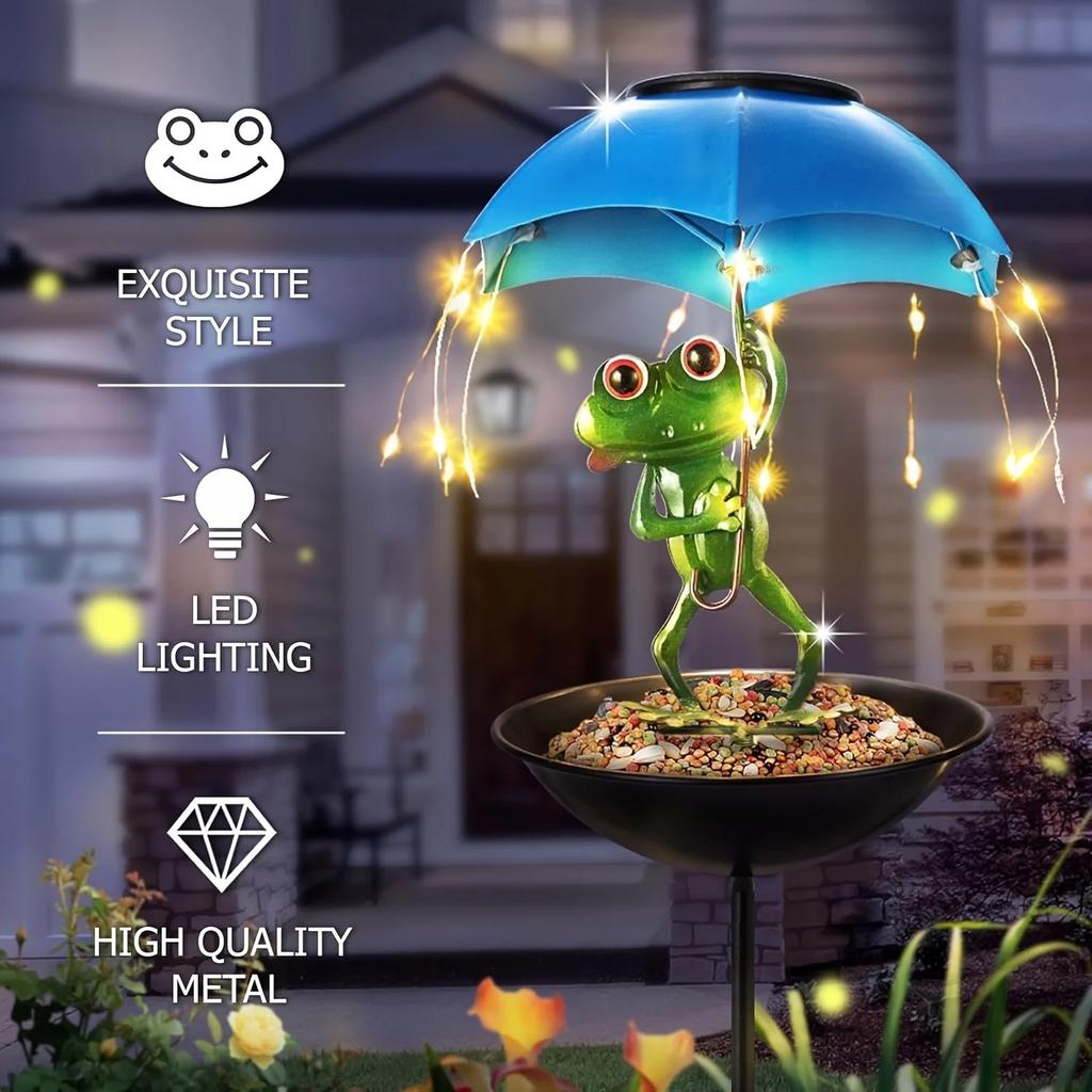 Solar LED Light Bird Feeder Outdoor Decor Lamp Frog Figurine Feeding Station Decorative Waterproof Lighting for Patio Courtyard