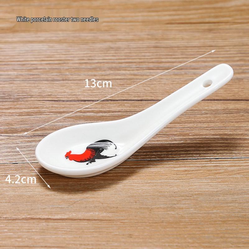 Small White Ceramic Soup Spoon - Rooster Design, Three-Bend, Thickened for Commercial Use