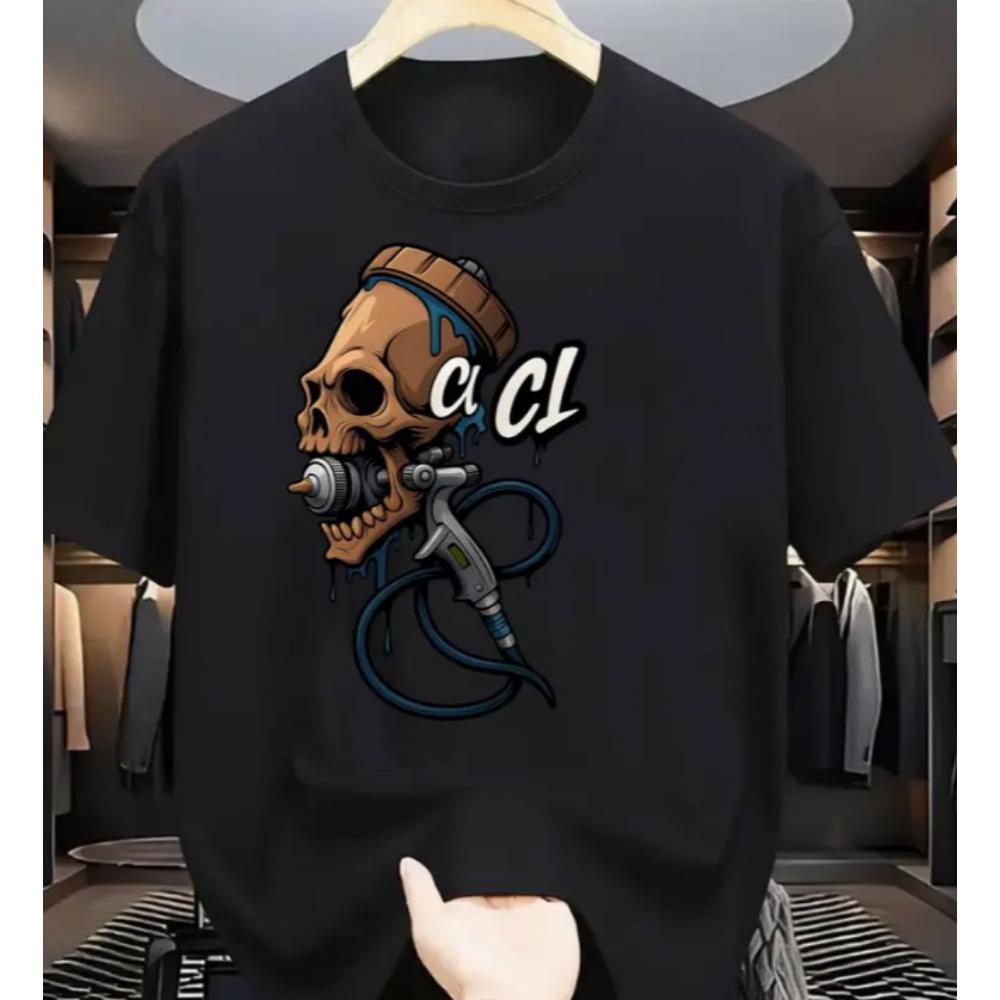 Men Skull Spray Paint Gun Graphic T-Shirt Edgy Streetwear Black Tee with Blue White Urban Art Print Round Neck S