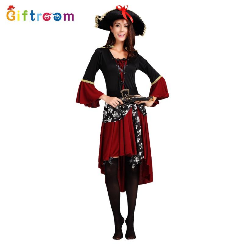 Halloween Maskerade Cosplay Fluch der Karibik Piratenkostüm Weiblich Rotes Kleid Schwarze Weste Pirat