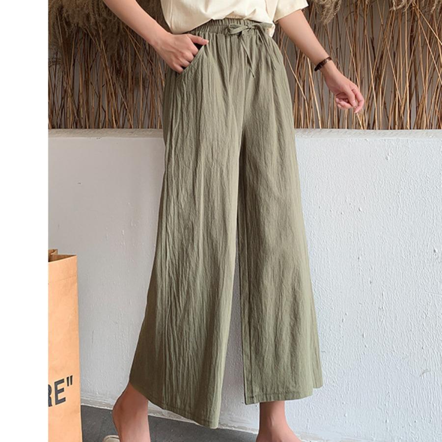 Women Summer Autumn Cotton Linen Pants High Waist Solid Color Wide Leg Cropped Pants