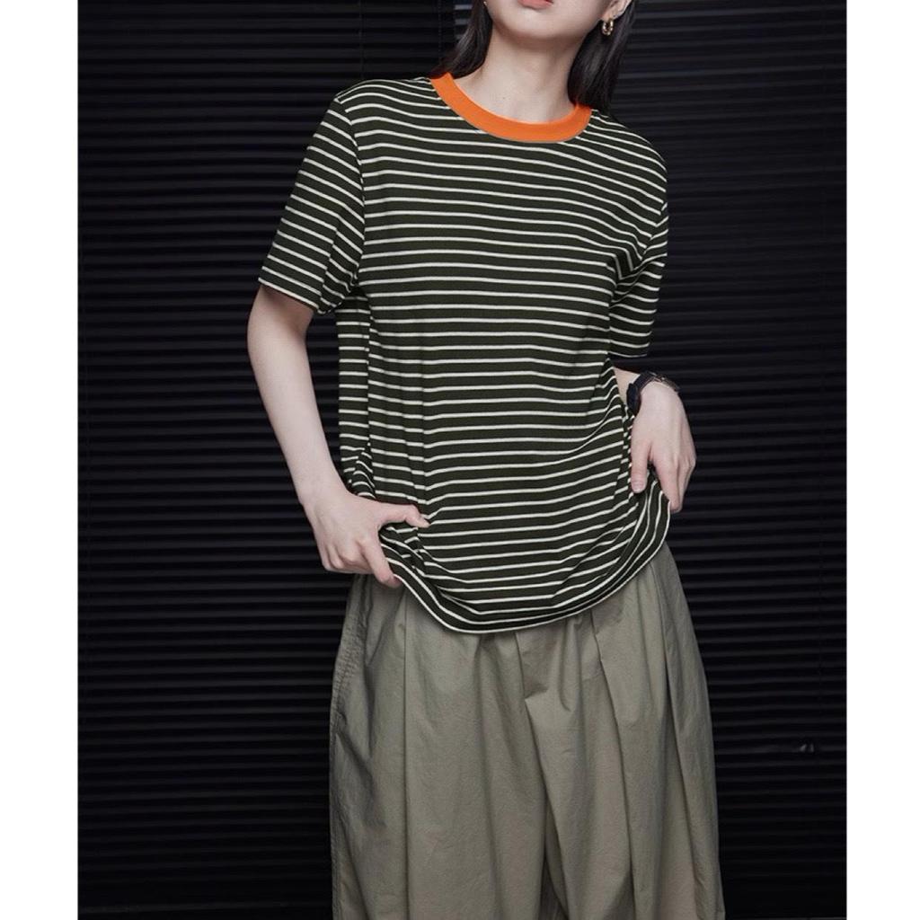 2024 Summer Women's Retro Dark Green Striped Short-Sleeve T-Shirt, Round Neck, Versatile, Thin