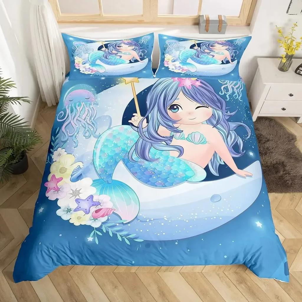 Rainbow Cartoon Cat Colorful Mermaid Comfortable Duvet Cover Pillowcase Bedding Set Children Bedroom Decoration Home Textile