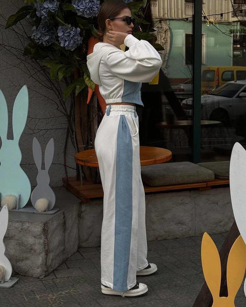 Women's European & American Style Denim Patchwork Hoodie & Sweatpants Set