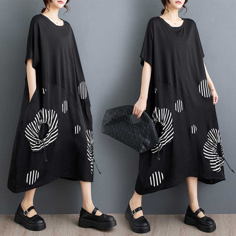 

Loose Western Style Patchwork Mid Length Artistic Retro Dress One size чорний