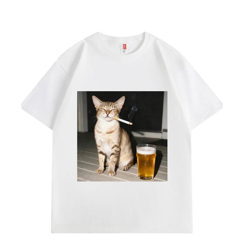 Funny Smoking and Drinking Cat Meme T Shirt High Quality Oversized T-shirts Men Women Casual Cotton Short Sleeve T-shirt