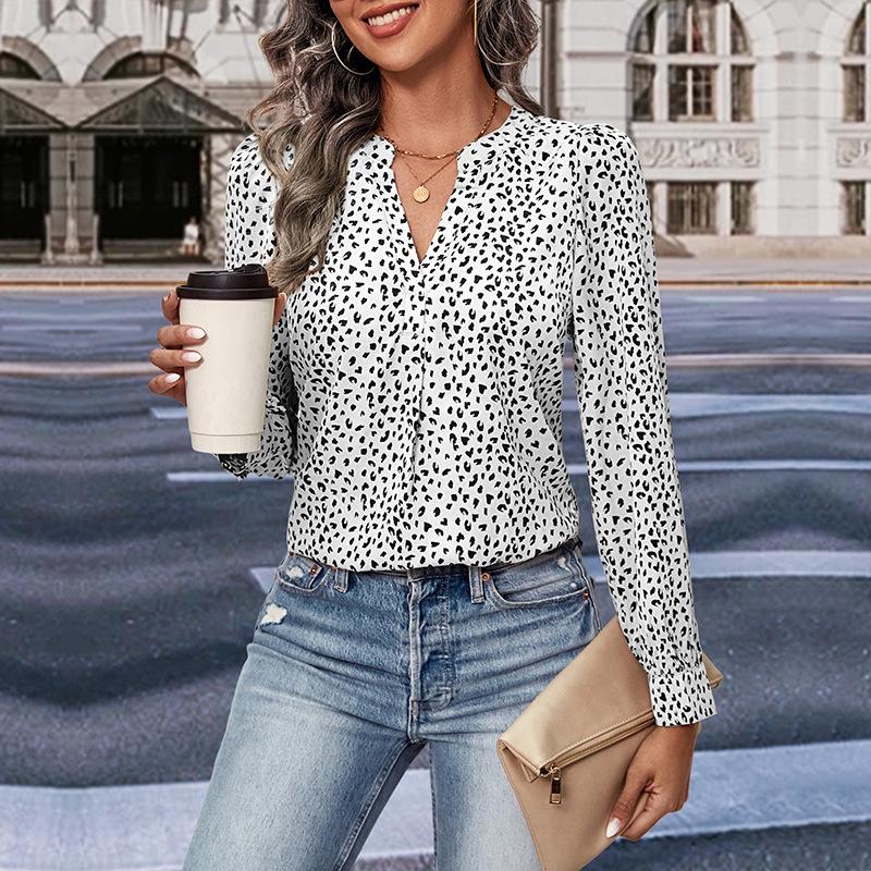 YYFS Chemisiers et chemises à manches longues et col en V pour femmes, imprimé léopard, décontracté, printemps-automne