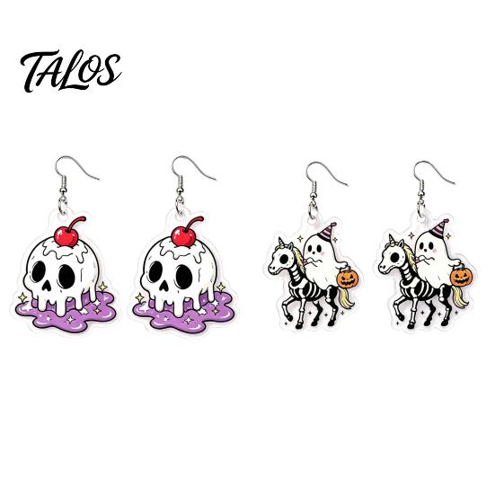 Halloween Acrylic Jewelry 1 Pair Earrings for Women, 2D Flat Cute Cartoon Unique Gothic Dangle Ghost Skull Drop Earrings, Holiday Gifts Costume
