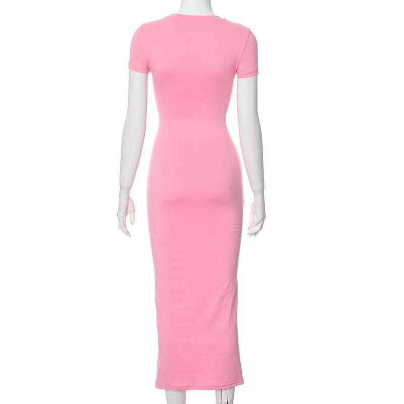 2024 Summer High Waist Long Dress For Women Short Sleeve Slim O Neck Basic Dresses Female Party Temperament Evening Elegant Solid Dress Femme