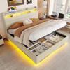 Upholstered Bed, 140 x 200 cm, without Mattress, LED Lighting, Hydraulic Mechanism, USB and Type-C Ports, Storage Compartment, Linen Fabric, Beige