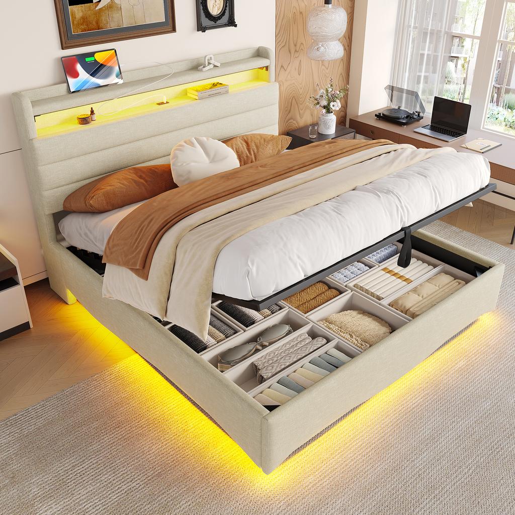 Upholstered Bed, 140 x 200 cm, without Mattress, LED Lighting, Hydraulic Mechanism, USB and Type-C Ports, Storage Compartment, Linen Fabric, Beige