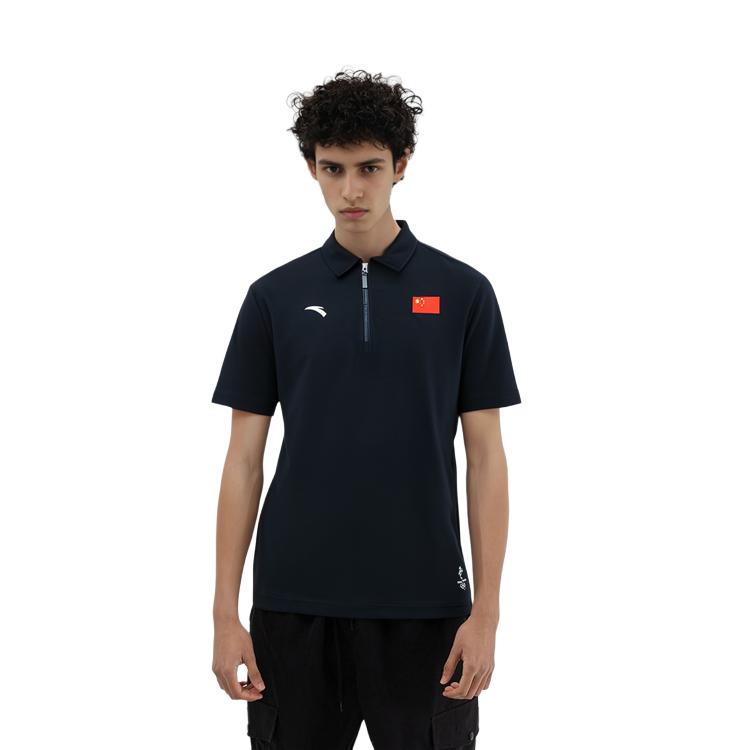 Anta National Flag Series Printed Zipper Short Sleeve Polo Shirt Men Tops Black 152130133-2