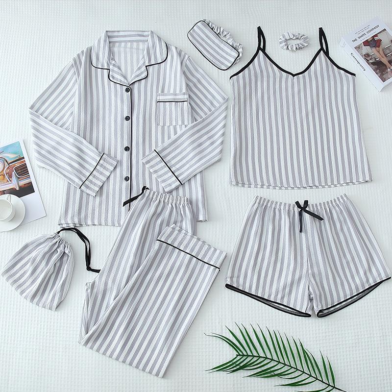 Parent-Child Matching Cotton Pajamas Set - Women's Tank Top & Shorts with Children's 7-Piece Homewear.