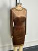 European & American Fashion Slim Fit Gold Velvet Waist-Cinching Lace Dress - Stylish Long-Sleeved Autumn/Winter 2025 Collection.