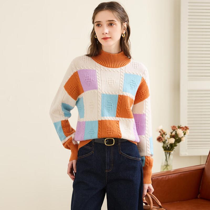 TUHUANG Women's Thick Pure Wool Half Turtleneck Color Block Sweater