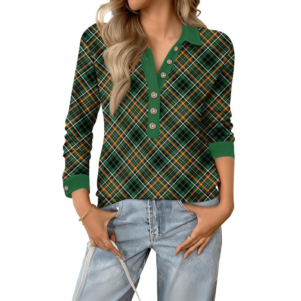 Women's Retro Street Lazy V,neck Long Sleeve Button Plaid Print Pullover Top