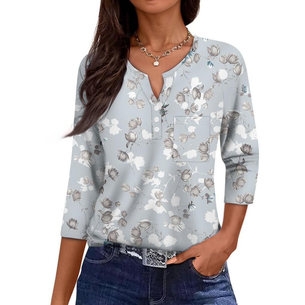 Women's Casual Fashion V-neck Loose Versatile Floral Print Three-quarter Sleeves