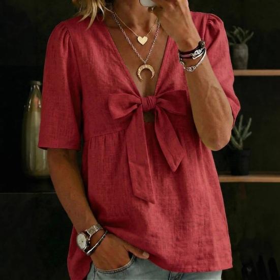 Women Shirt Pure Color Loose Fit Commuting Style Casual Tops Front Bowknot Decor Summer Pullover Tops