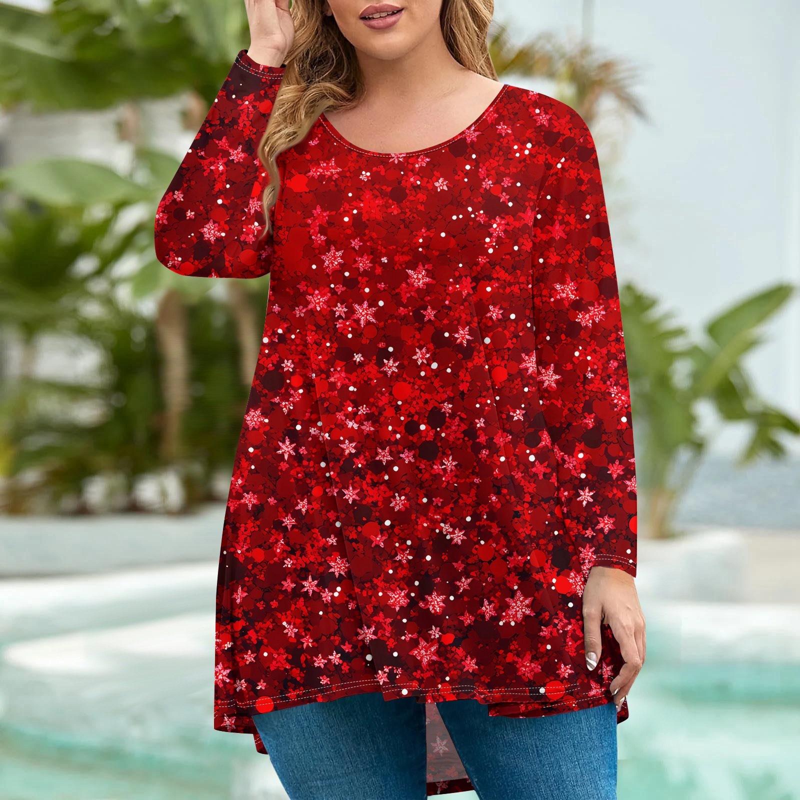 

Жіночий модний повсякденний вільний пуловер з різдвяним принтом великого розміру з круглим вирізом і довгими рукавами XXXXL винний