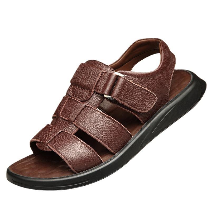 Men's Green Middle-aged Men's Sandals First Layer Cowhide Open-toed Outdoor Leisure Sports Elderly Head Sandals